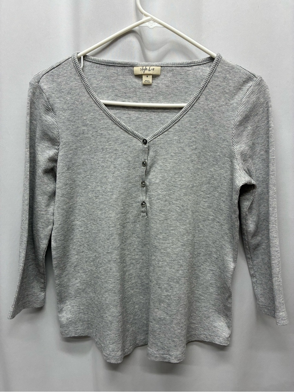 Style & Co. womans waffle Henley gray size small 3/4 sleeve layering shirt